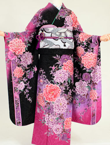 【レンタル】【成人式 振袖 レンタル】K4134マーキュリードュオ黒ラメピンク牡丹（成人式 結婚式 結納 お呼ばれ 振袖フルセット）