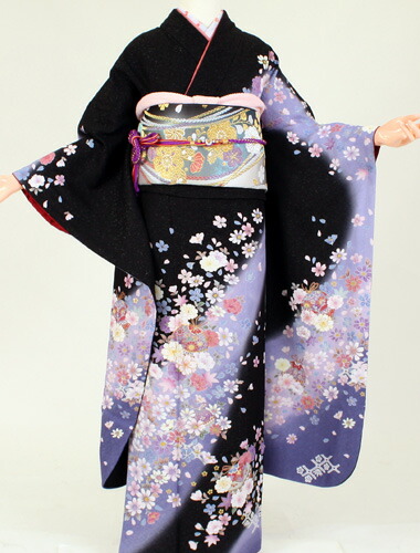 【レンタル】【成人式 振袖 レンタル １月】k3009黒地ラベンダー流れ（成人式 結婚式 結納 お呼ばれ 振袖フルセット 振袖レンタル）