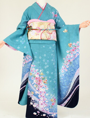 【レンタル】【成人式 振袖 レンタル 1月】k3107らぶりっち青地裾紺小花（成人式 結婚式 結納 お呼ばれ 振袖フルセット 振袖レンタル）