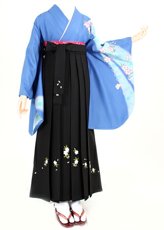 【賃借】【御召しもの・袴 仕掛ける賃借】S008/H040水色小花水流 /黒白花刺しゅう紐花（卒式 女）