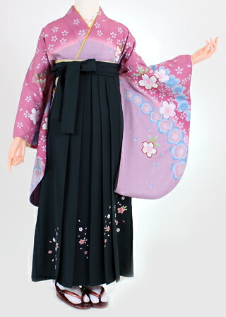 【レンタル】【着物 袴レンタル】S019/H037明紫ピンク暈し水色花/深緑桜刺繍（卒業式 袴セット 女） 18,469円