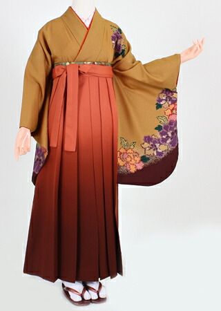 【賃借】【御召しもの 袴賃借】S021/H009洋芥子色紫大花/茶オレンジ色暈し（卒式 袴仕掛ける 女）