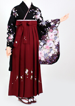 【レンタル】【着物 袴レンタル】S053/H039黒地白グレー小花/赤白花刺繍紐花（卒業式 袴セット）