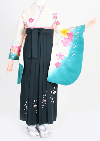 【賃借】【お召しもの 袴賃借】S085/H037白地水色流出/深緑桜刺しゅう（卒式 袴仕掛ける 女）