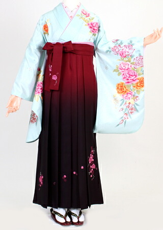 【レンタル】【着物 袴レンタル】S088/H062水色ラメ薔薇/赤黒暈し花刺繍（卒業式 袴セット）