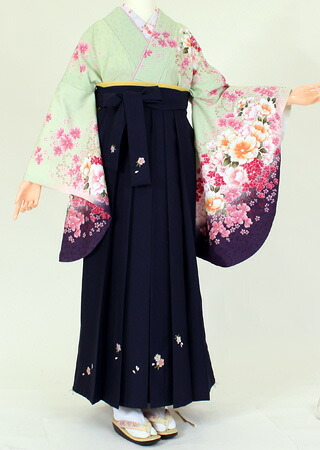 【レンタル】【着物 袴レンタル】S107/H038ペパーミントグリー�
2000
��桃花/紺桜刺繍紐花（卒業式 袴セット 女）