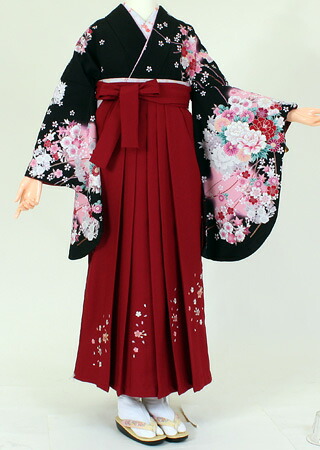 【賃借】【お召しもの 袴賃借】S110/H032黒地サクラ色胸花/明ぶどう酒小花刺しゅう（卒式 袴仕掛ける 女）