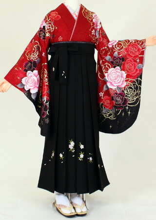 【賃借】【お召しもの 袴賃借】S115/H040赤地ラメ金彩薔薇/黒白花刺しゅう紐花（卒式 袴仕掛ける 女）