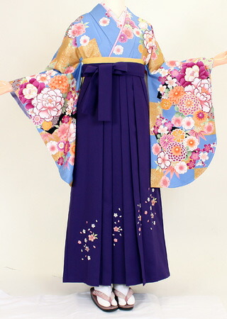 【賃借】【お召しもの・袴仕掛ける 賃借】S126/H035水色名文花金市松/明紫桜刺しゅう（卒式 女）
