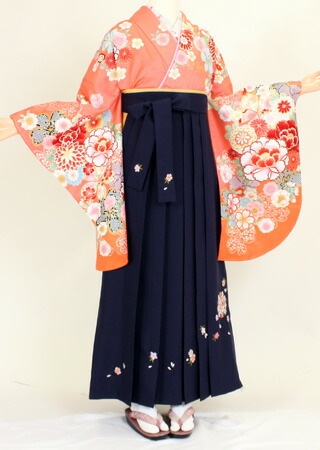 【賃借】【お召しもの 袴賃借】S128/H038サンゴ色新名文/紺桜刺しゅう紐花（卒式 袴仕掛ける 女）
