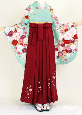 【賃借】【お召しもの 袴賃借】S129/H032青緑色緑であること花流出/明ぶどう酒小花刺しゅう（卒式 袴仕掛ける 女）