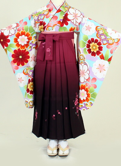 【レンタル】【小学生 着物 袴レンタル】SC302/HC302水色菊ワインぼかし/ワイン刺繍ダイヤ(ジュニア 卒業式 袴セット 成人式 振袖 レンタル)