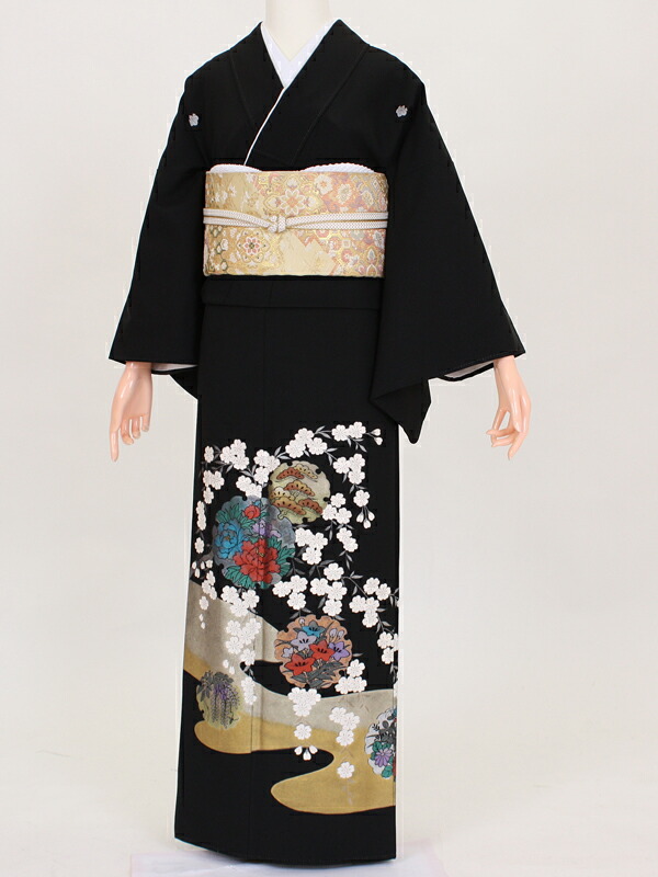 【レンタル】【留袖 レンタル 結婚式 着物】TC063 箔鏡白桜 黒留袖 貸衣装 留袖セット 女性和服 とめそで