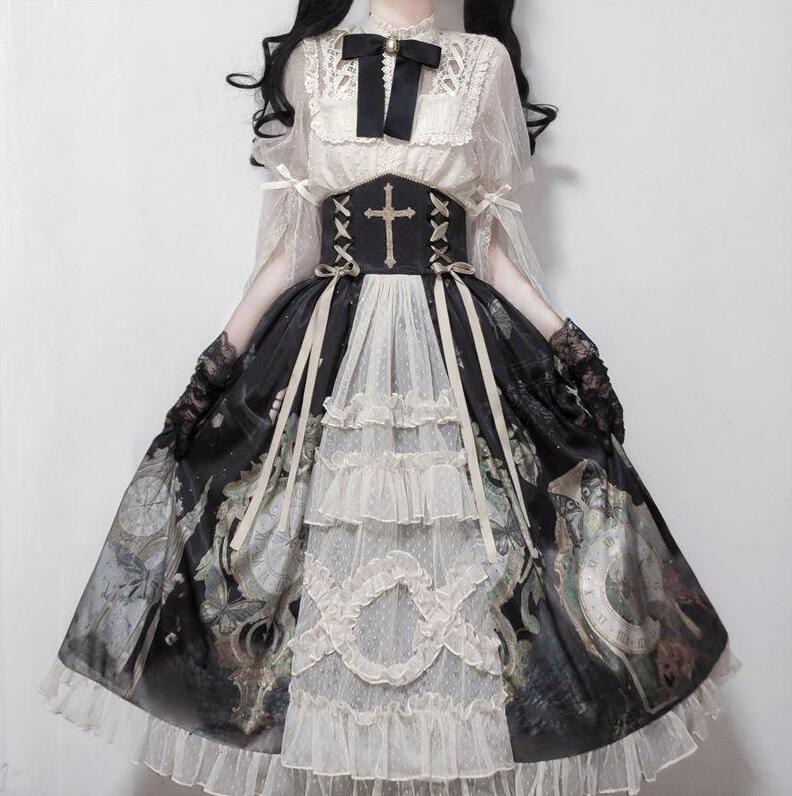 ゴスロリ＆ロリータ衣装 並み並み丈キャワンピース 3点セットアップはりつけ台好いたらしいロリータドレス シュロの葉 裾フラウンス スピード競技 妃殿下ロリータプルオーバー Ａ生産ライン ロリータお召しもの 甘ロリー うしろ帯 お坊っちゃん 成年者 LOLITA Dress ハロウィン