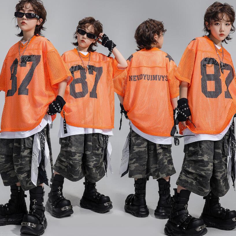 子供ダンス衣装　メッシュｔシャツ ハーフ迷彩柄パンツ白タンクトップ上下3点セット ゆったり男女兼用舞台演出服　ステージヒップホップジャズダンスウェア hiphopjazzダンス服　卒業式 入学式 イベントコスチューム