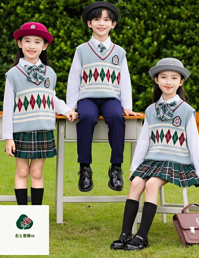 春秋冬子供スーツセット フォーマルイギリス風 菱形柄ニットベスト　長袖ワイシャツ　ロング丈パンツ/スカート3点セットアップ　スクールベスト 通学　ジュニア/女の子男の子学園制服　幼稚園服　コスチューム　発表会舞台演出服卒業式チアガール