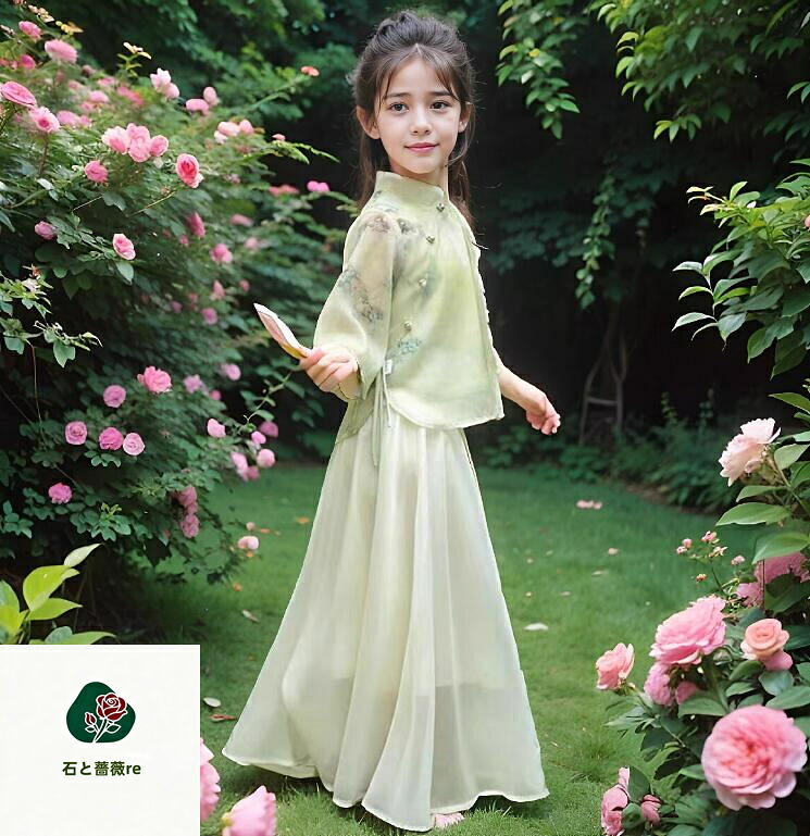 子供漢服　女の子古典ダンス衣装 改良漢服唐装　チャイナ風夏キッズ古典ダンスウェア　中華風ブラウス+スカート上下2点セット　中華古典舞踊古典ダンス衣装　コスチューム　イベント　シフォン　キッズ 発表会 演奏会 合唱 ダンス演出服画像