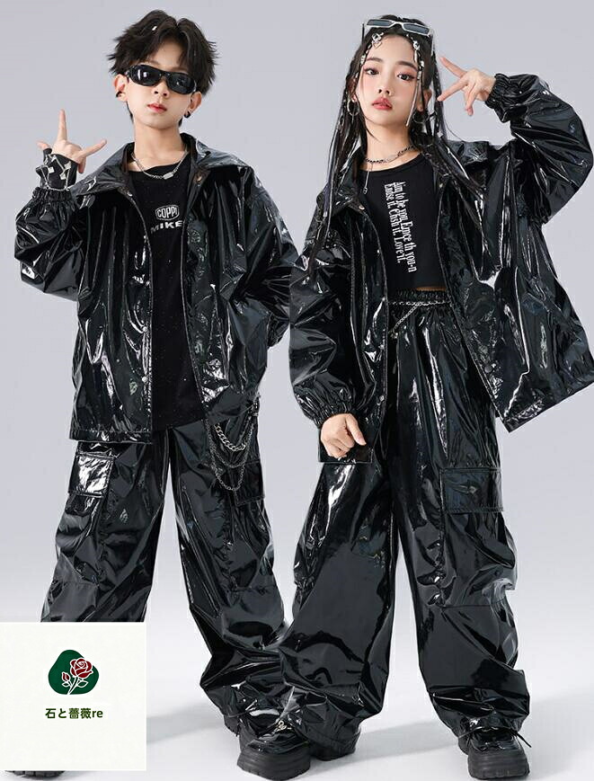 キッズジャズヒップホップダンス衣装　黒pu素材子供ダンスウェア　光沢あり タンクトップ　ｔシャツ　春秋2点/3点セットアップ　ライダースジャケット　舞台演出服　キッズhiphopjazz舞台ダンス衣装 男女兼用ステージ演出ウェア