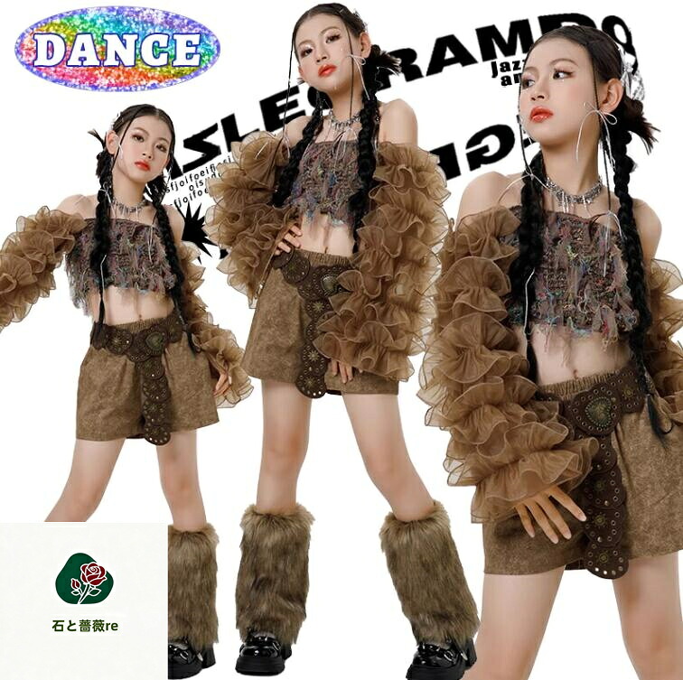 女の子ジャズダンス衣装 ショート丈パンツ　豪華な花袖トップス　臍出し フリンジ　チアガール子供ヒップホップダンスウェア 　イベント　キッズステージショー演出服 jazz hiphop 学園祭　キッズチアダンス ステージ衣装 イベント舞台演出服　発表会