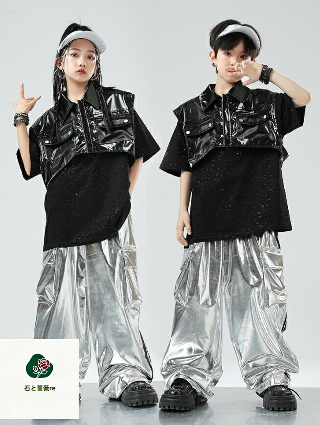 子供ダンス衣装　男の子女の子ヒップホップジャズダンス衣装　レザーベスト　シルバーパンツ　半袖ｔシャツ　2/3点セットアップ　キッズhiphopjazzダンスウェア　ステージ演出　イベント　舞台演出服　発表会　hiphopjazz コスチューム