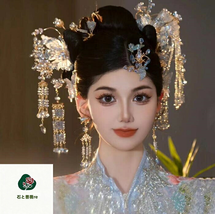 高級な中華風ヘアアクセサリー　唐装漢服髪飾り クリスタル中国結婚式髪飾り　ウエディング漢服ヘアクセサリー 髪飾り7点セット　中華漢服　フリンジかんざし ピアス　中華舞台ステージコスプレ道具 華やか コスチューム ウエディング髪飾り