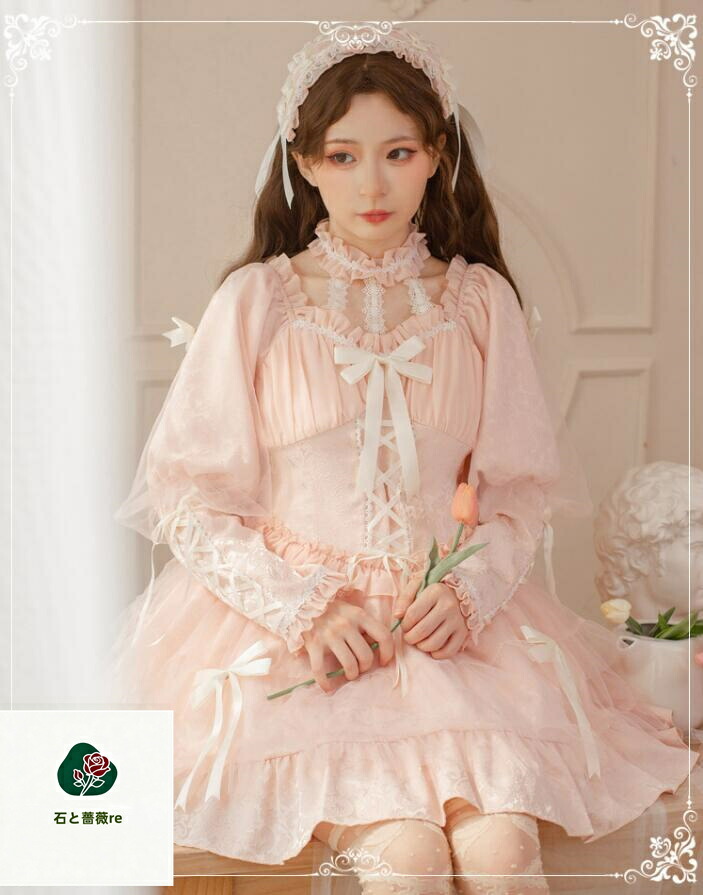 ロリータワンピース ショート丈lolitaドレス　長袖　レディース　リボンキャミソールlolitaワンピース　フリル　可愛いゴスロリドレス 萌え Lolita系　姫 重ね重ね ゴシック ロリータ 可愛いワンピース コスプレ衣装　ピンク　ブラック