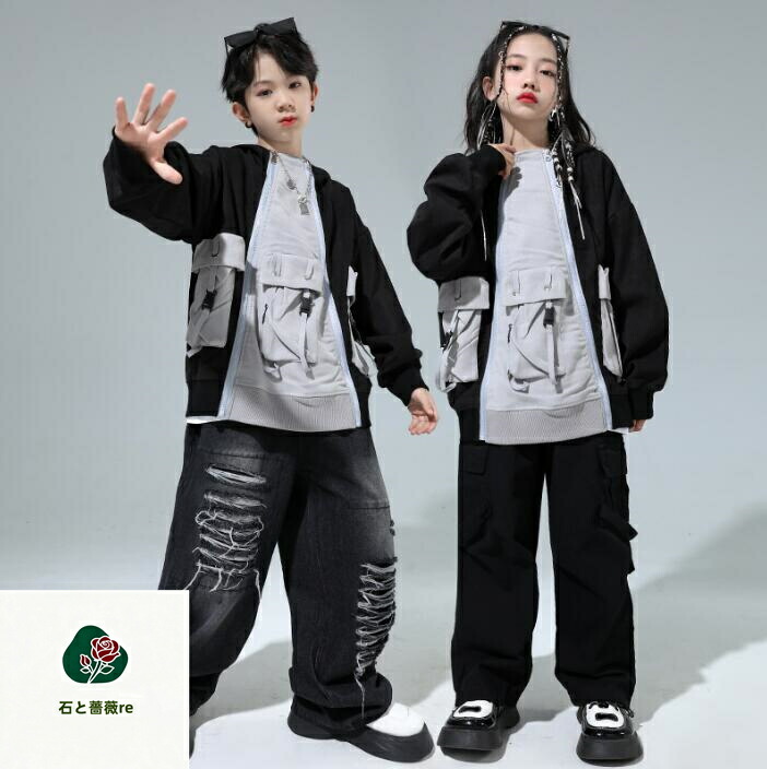 子供ダンス衣装　ヒップホップジャズダンスウェア　フード付きジャージアウター　デニムパンツ　ダメージ　キッズhiphopjazzダンス服　舞台演出服　キッズダンス衣装　コスチューム　男の子/女の子ステージ演出服　社交ダンス衣装
