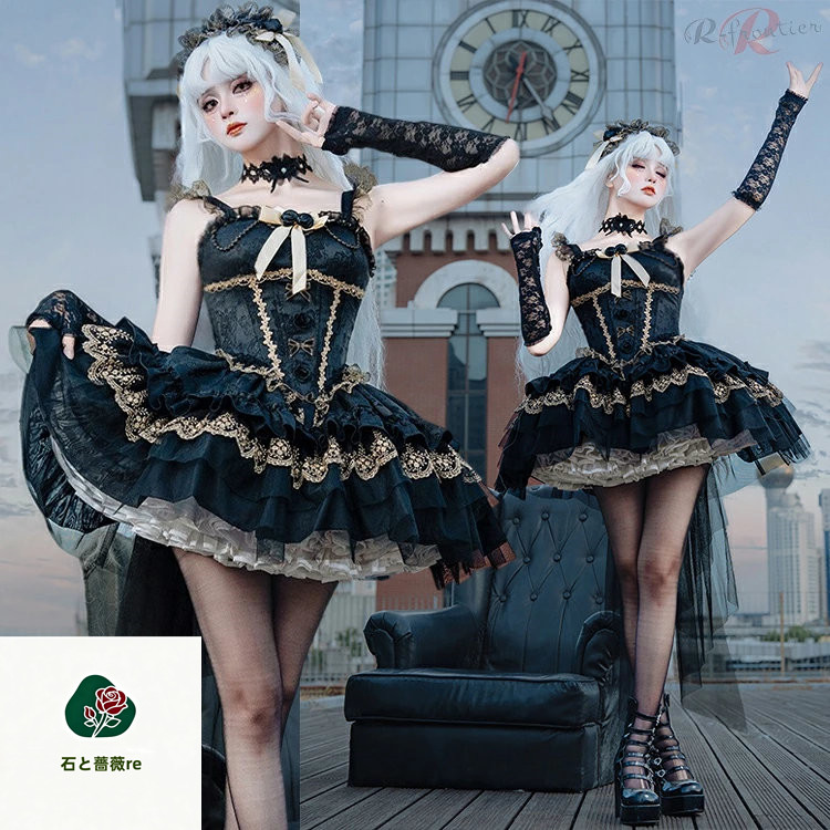 黒 ロリィタ ドレス ジャンパースカート JSK ゴシック ドレス リボン レースドレス ブラック ワンピース 女の子 可愛い ハロウィン 仮装 コスプレ ハロウィン ロリータ Lolita かわいい 写真撮影 パーティー コスチューム ドレス クリスマス 衣装 蝶々結び｜石と薔薇re