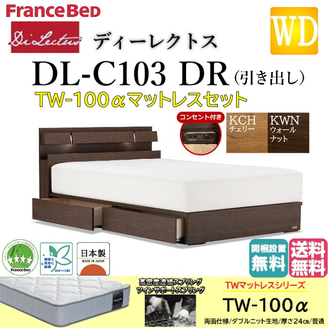 フランスベッド マットレス仕掛ける 広広としたダブル ディーレクトス DL-C103 TW-100α DR チェストベッド 分かりやすい 収納家具 ドロアー 抽き出し 納める LED照明装置 差し込み スノコ床板 日本製 ワイドダブルサイズ 臥榻仕掛ける スノコベッド すのこ 貨物輸送無料 開梱備えつける無料 フレーム・マットレスセット-ベッド