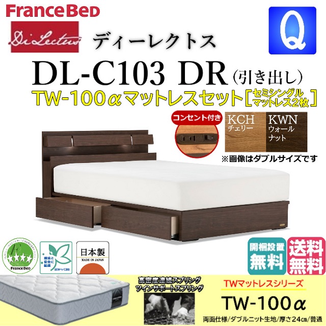 フランスベッド マットレスセット クィーン ディーレクトス DL-C103 TW-100α セミシングル 2枚 DR チェストベッド シンプル キャビネット ドロアー 引き出し 収納 コンセント スノコ床板 日本製 クィーンサイズ ベッドセット スノコベッド すのこ 送料無料 開梱設置無料