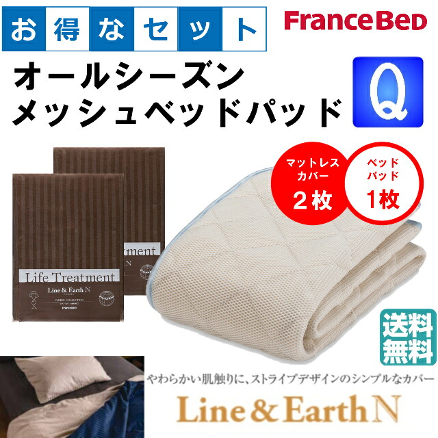 お得なセレクト3点セット　クィーン　ライン＆アースＮ　オールシーズンメッシュベッドパッド　防カビ　高性能繊維モイスケア　SEK制菌加工　抗菌・防臭加工　洗える　カラー4色　すべり止めゴム付　送料無料
