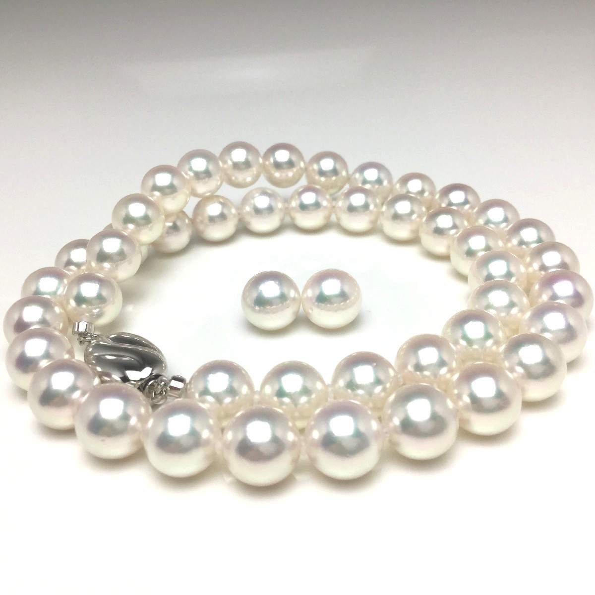 真珠 ネックレス パール オーロラ・天女 アコヤ真珠 イヤリング or ピアス セット 8.5-9.0mm ホワイトピンク シルバー クラスップ 72650 イソワパール