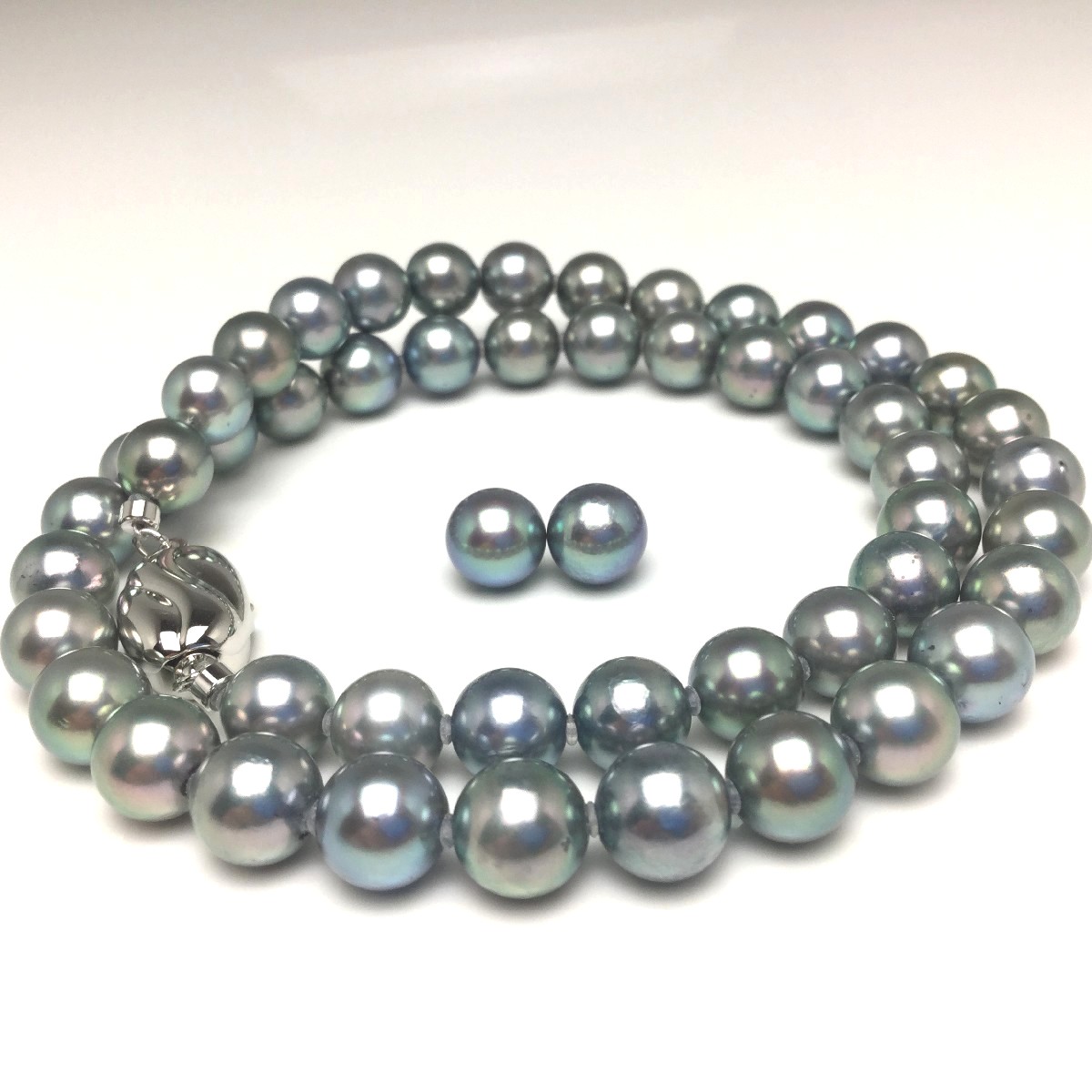 真珠 ネックレス パール アコヤ真珠 イヤリング or ピアス セット 7.5-8.0mm ブルーグリーン シルバー クラスップ 73538 イソワパール|詳細画像