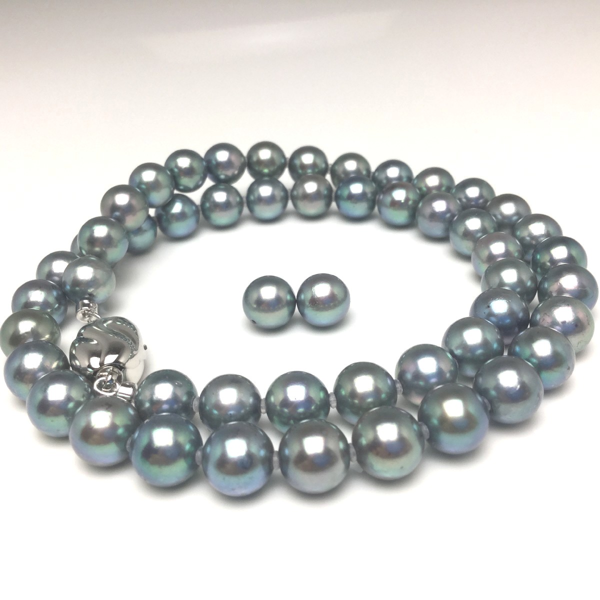 真珠 ネックレス パール アコヤ真珠 イヤリング or ピアス セット 7.5-8.0mm ブルーグリーン シルバー クラスップ 73539 イソワパール