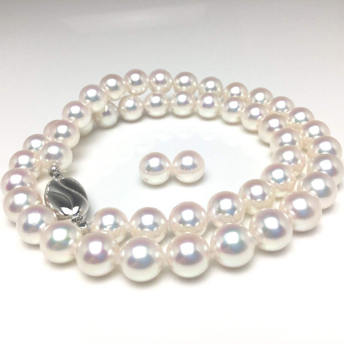 真珠 ネックレス パール オーロラ・ロゼ アコヤ真珠 イヤリング or ピアス セット 8.0-8.5mm ホワイト シルバー クラスップ 73551 イソワパール|伊勢志摩の真珠専門店 IsowaPearl