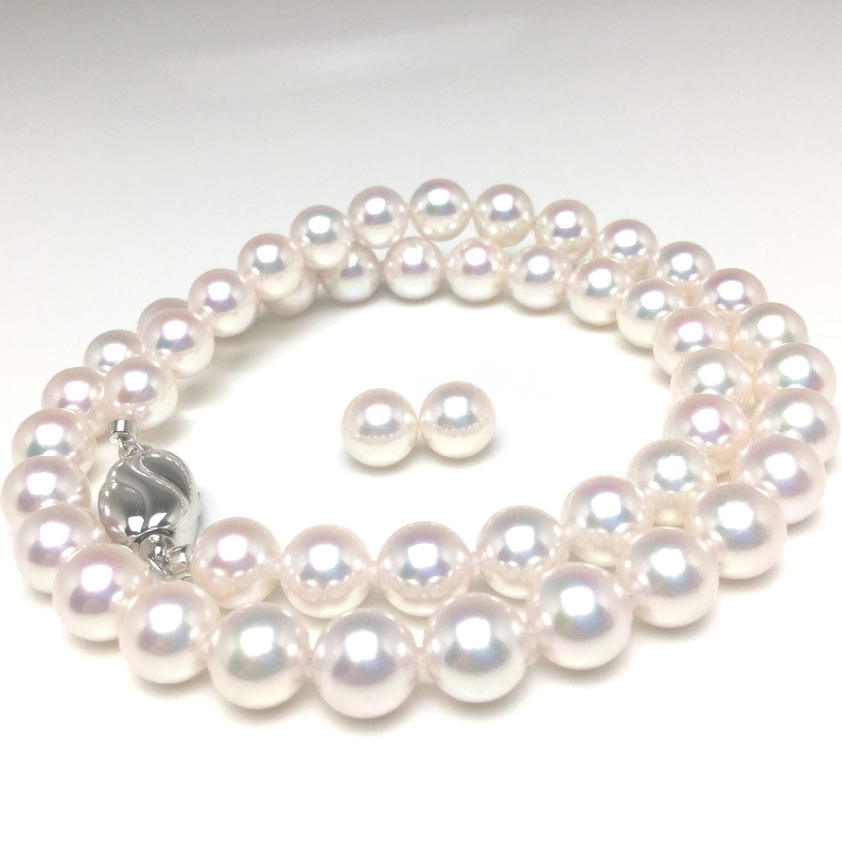 真珠 ネックレス パール オーロラ・天女 アコヤ真珠 イヤリング or ピアス セット 8.0-8.5mm ホワイト系ホワイトピンク シルバー クラスップ 73942 イソワパール｜伊勢志摩の真珠専門店　IsowaPearl