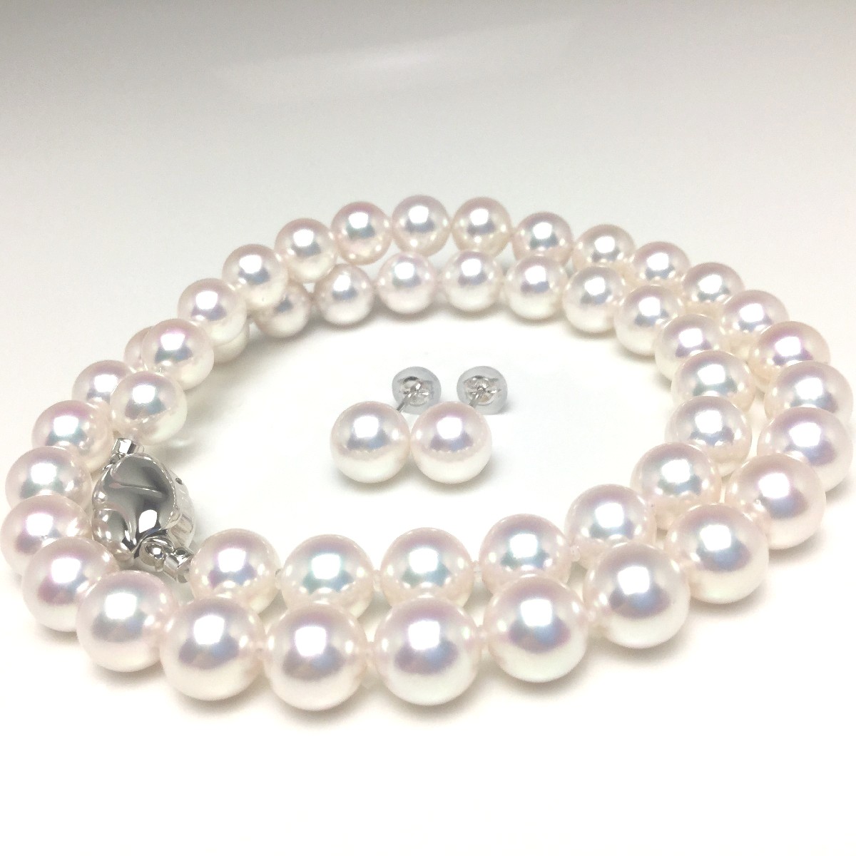 真珠 ネックレス パール オーロラ・天女 アコヤ真珠 イヤリング or ピアス セット 8.0-8.5mm ホワイト系ホワイトピンク シルバー クラスップ 74135 イソワパール|伊勢志摩の真珠専門店 IsowaPearl