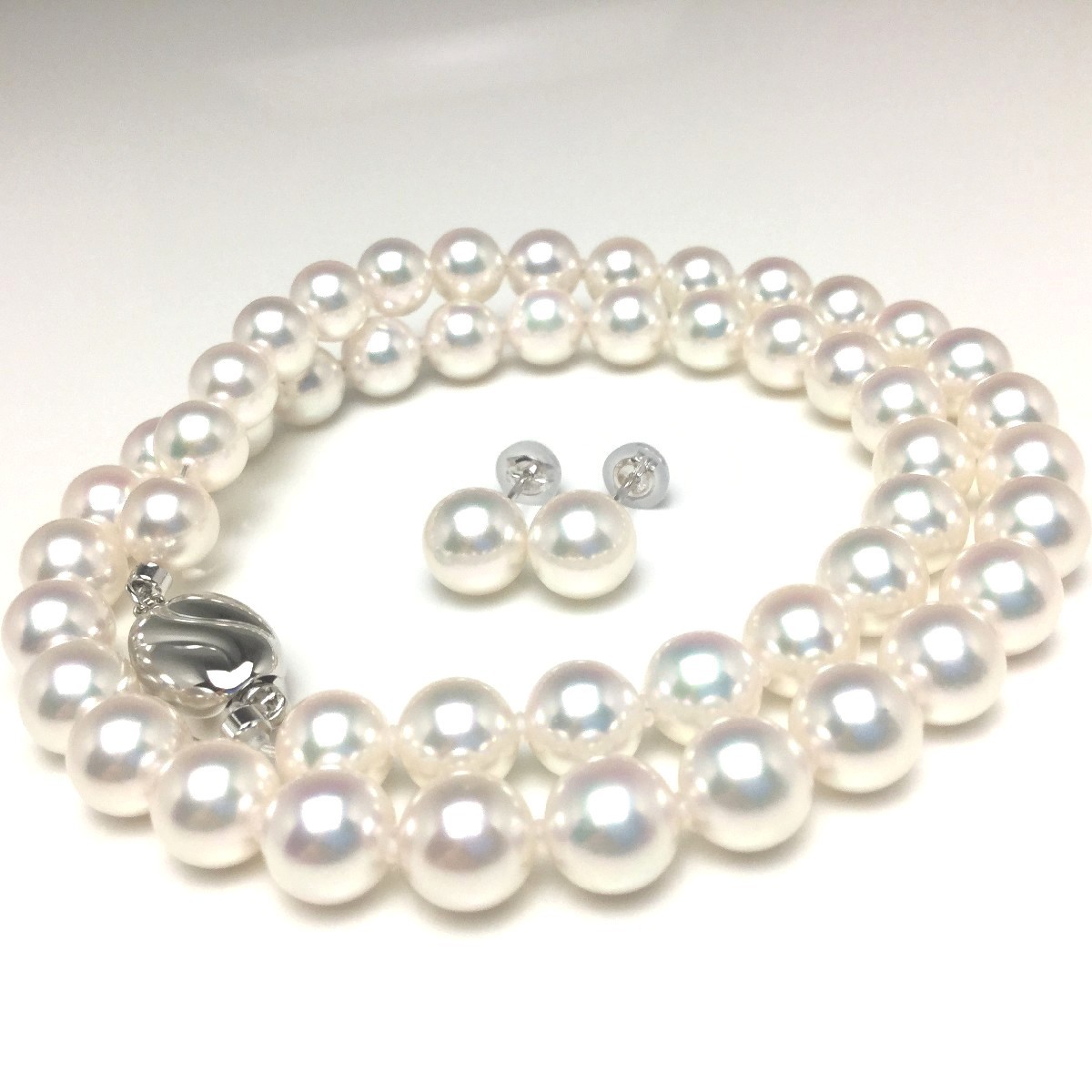真珠 ネックレス パール オーロラ・天女 アコヤ真珠 イヤリング or ピアス セット 7.5-8.0mm ホワイト シルバー クラスップ 74157 イソワパール｜伊勢志摩の真珠専門店　IsowaPearl 247,500円