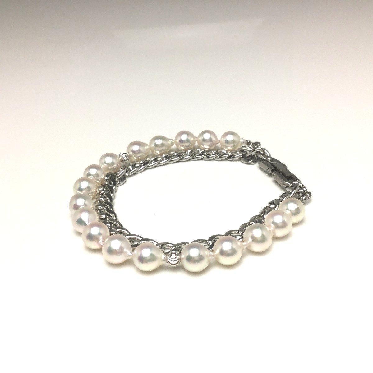真珠 ブレスレット パール アコヤ真珠 7.5-8.0mm ホワイトピンク ステンレス シルバー ミラーボール ハート 69558 イソワパール