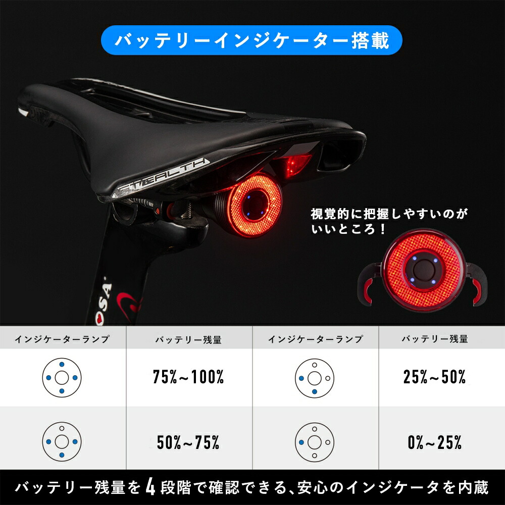 【自転車と同時購入で送料無料】【ブレーキ感知で自動発光!】自転車用テールライト自転車の後方の補助灯USB充電インテリジェントスマートチップ搭載オート防水自動点灯明るいリアライトRockbros(ロックブロス)シートポストとサドル取り付けタイプ