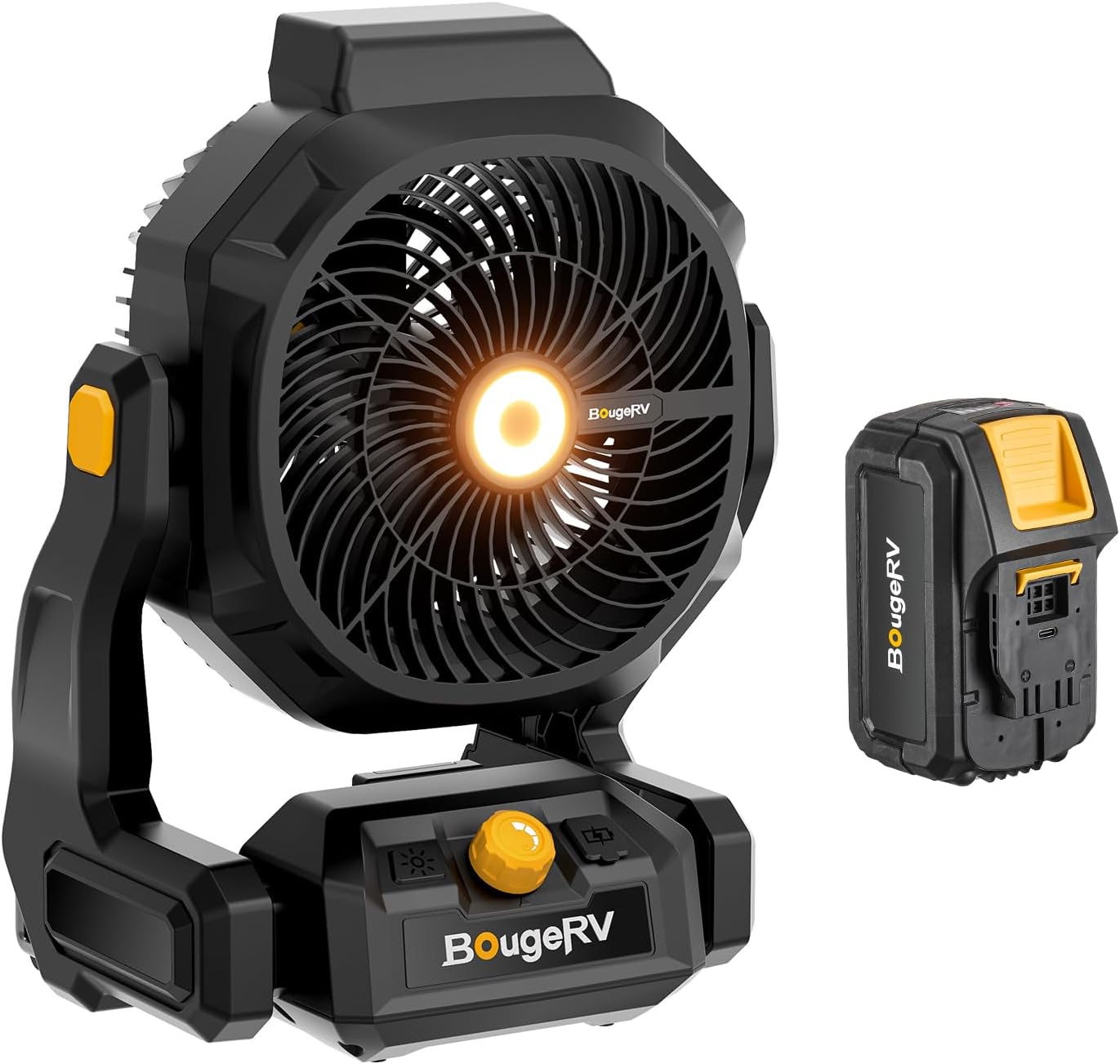 【クーポン利用で7,980円】【8Ah着脱式バッテリー搭載&LEDライト&上下210&deg;手動回転】BougeRV充電式扇風機 吊り下げ USB充電 工場扇 2.5倍強力送風 工場扇風機 無段階風量調節 前後210度角度調整 15時間連続稼働 8Ah着脱式バッテリー付き F02｜BougeRV公式店
