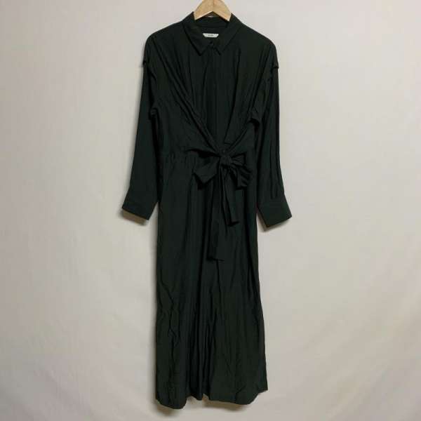 Clane クラネ ロングスカート ワンピース One Piece Long Skirt 長袖 タックショルダー レーヨン混 ウエストリボン シャツ ワンピース 5011 ダークグリーン Used 古着 中古 Fitzfishponds Com
