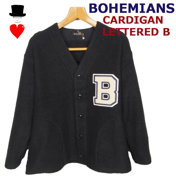 Bohemians (ボヘミアンズ)　Vネック　カーディガン Bワッペンのパッチワーク付　シェットランドウールのシンプルデザイン　ふわっと軽い　 日本製 送料無料