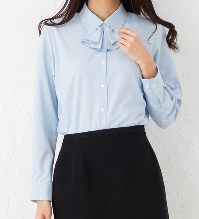 快適ストレッチ素材のリボン付長袖ブラウス レディース 事務服 オフィス制服