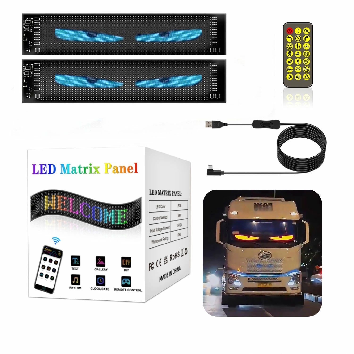 車用デビルアイライト リモコン付き プログラム可能 フレキシブルLEDディスプレイスクリーン LED カーサイン RGB デビルアイ ランプ DIY テキストパターン ダイナミック 超薄型 自動車 トラック 窓用 店舗看板｜白雲百貨店 店