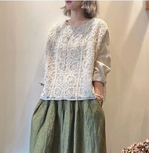 シャツ ラウンドネック レース 長袖 無地 ゆったり 快適 レディース ファッション｜I tainment SHOP