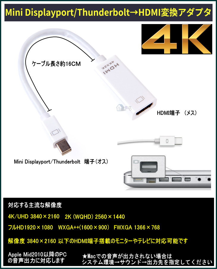 MiniDisplayportThunderbolttoHDMI変換アダプタ4K対応4Ktimes;2K4K解像度送料無料