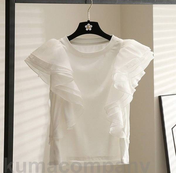 THOM WILLS フリル トップス レディース フリル袖 ブラウス 半袖 Tシャツ カットソー クルーネック フレンチスリーブ ノーカラー 白 黒 カジュアル 可愛い 韓国 ファッション km
