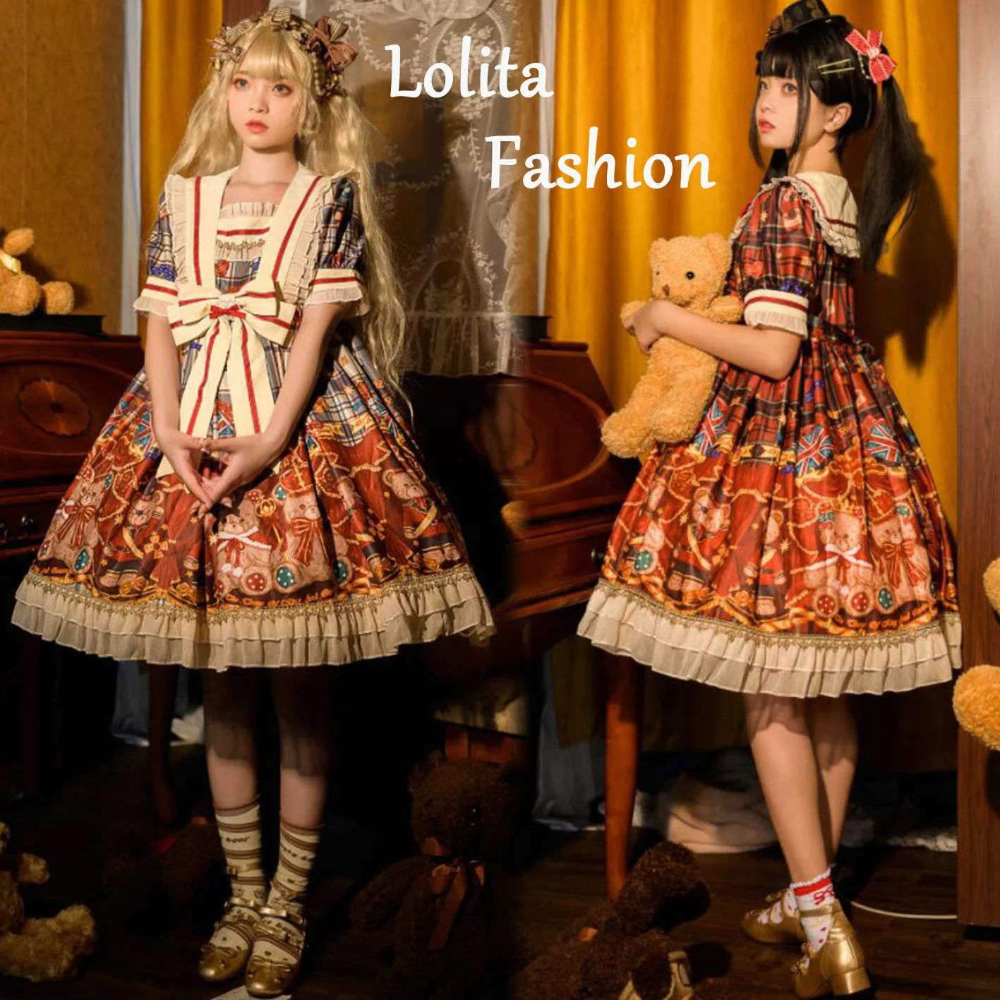 半袖ワンピース ロリータワンピース セーラーカラー 甘ロリータ 甘ロリ ロリータ風ワンピ チェック柄 プリント柄 クマ柄 くまちゃん 個性的 Lolita ロリータ服 大人コスチューム ゴスロリ コスプレ衣装 文化祭 学園祭