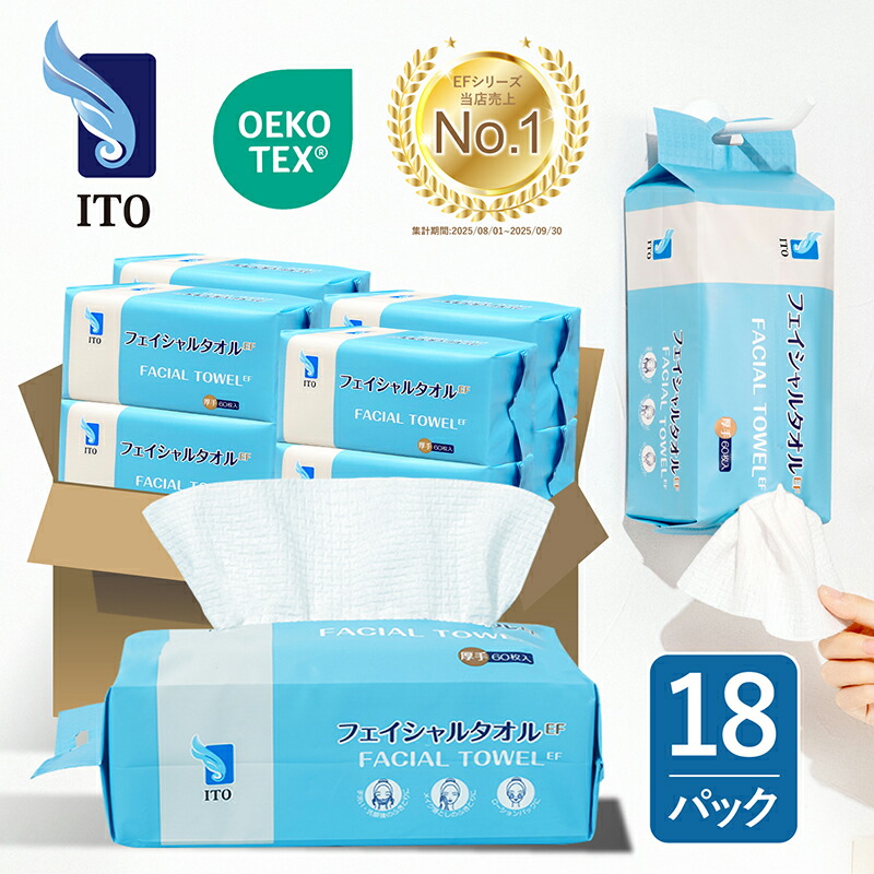 ＼＃まとめ買い ♪／ITO フェイシャルタオル EF【60枚入×18個】ふわふわ贅沢 厚手 クレンジングタオル フェイスタオル使い捨て ふんわり肌触り 使い捨てタオル 洗顔タオル 高品質天然素材 肌荒れ対策 滑らかつや肌 OEKO-TEX・・認証 赤ちゃんにも優しい